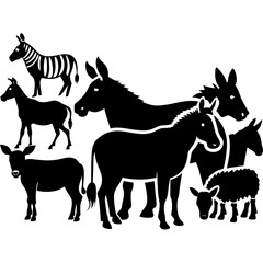 Fototapeta premium A captivating group of zebras donkeys and a lamb depicted in striking black silhouettes against a stark white background