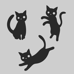 Playful Black Cat Silhouettes Three Cute Kittens in Action Simple Minimalist Design Gray Background