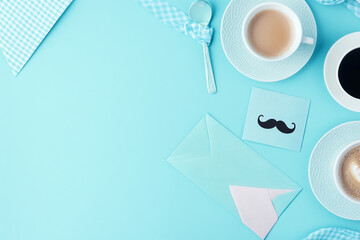 Fathers Day message light blue background coffee cups envelope and mustache