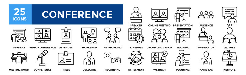 Conference icon collection set. Containing design Speaker, Online Meeting, Presentation, Audience, Q&A