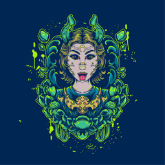 woman culture with floral rame artwork illustration