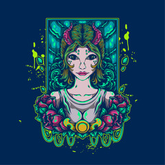 devil woman with floral decoration artwork illustration