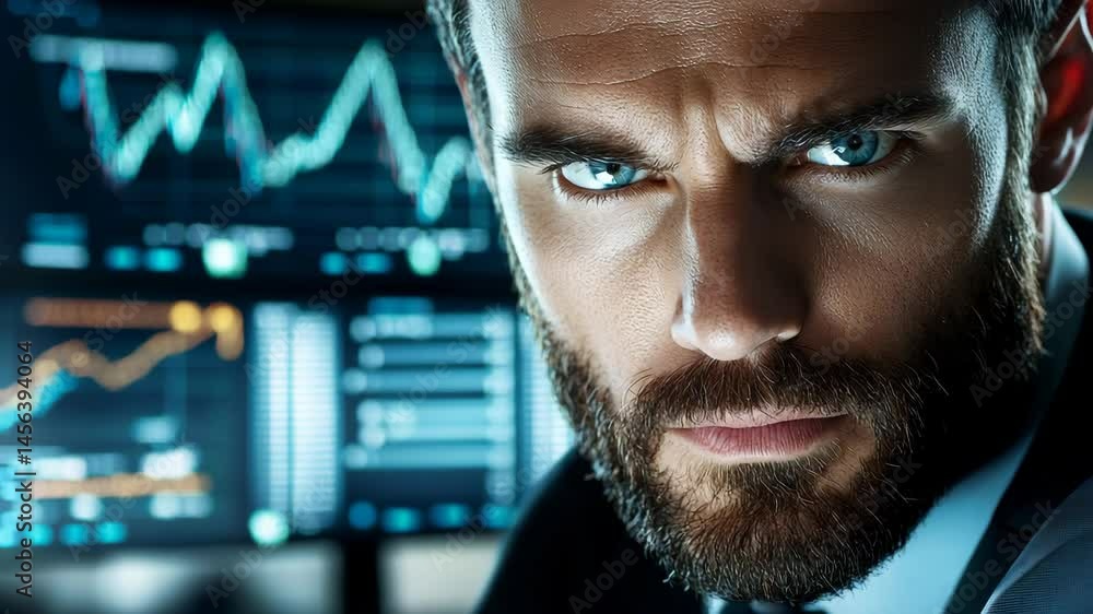 Poster intense businessman analyzing data with charts in background