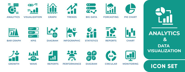 Data Analytics and Visualization Icon Set. Editable vector icons for analysis, dashboards, charts, KPIs, graphs, and reports. Great for infographics and UI design.