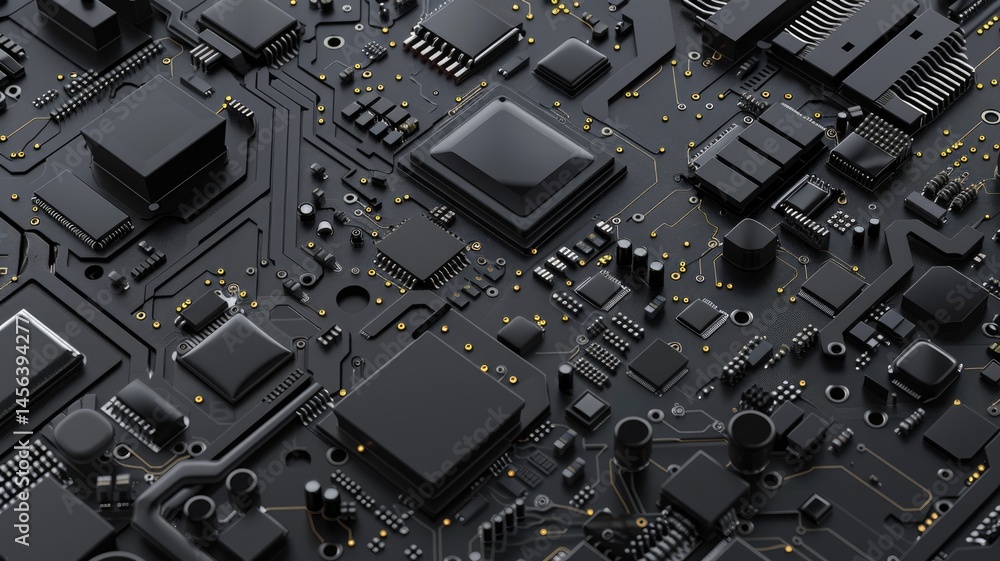 Poster close up of a circuit board with metallic material. macro photography of motherboard or microchip or