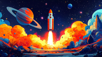 Fototapeta premium Vibrant, stylized artwork depicting a rocket launching amidst a cosmic landscape.