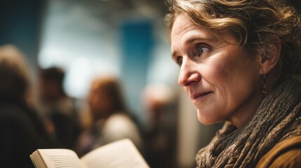 Close-up portrait of a person with a contemplative expression reading a science book, National Day of Reason celebration in background 
