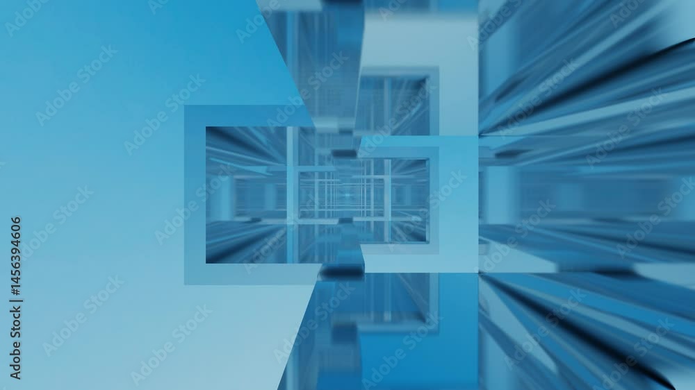 Poster endless forward movement inside abstract light blue tunnel of straight lines. 3d render looped anima