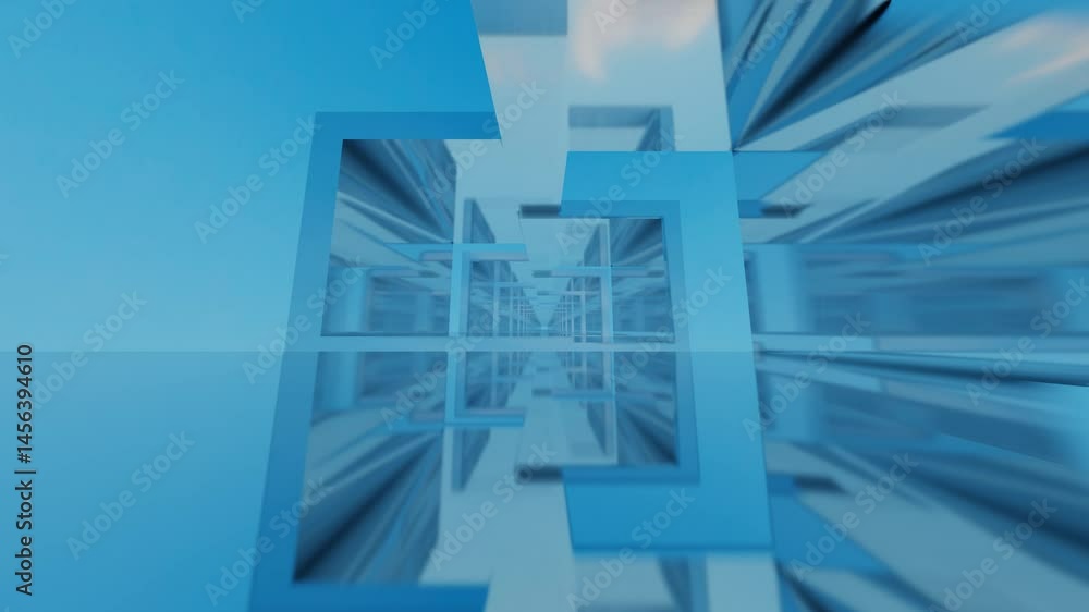Poster endless forward movement inside abstract light blue tunnel of straight lines. 3d render looped anima