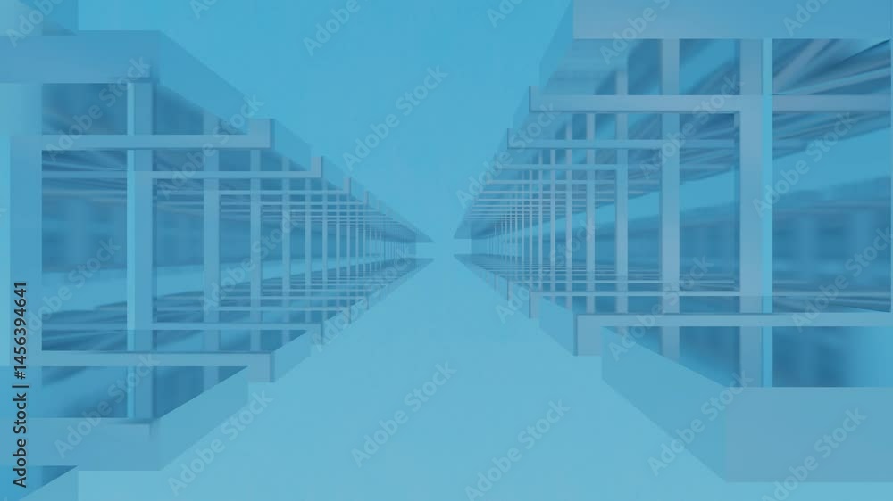 Poster endless forward movement inside abstract light blue tunnel of straight lines. 3d render looped anima