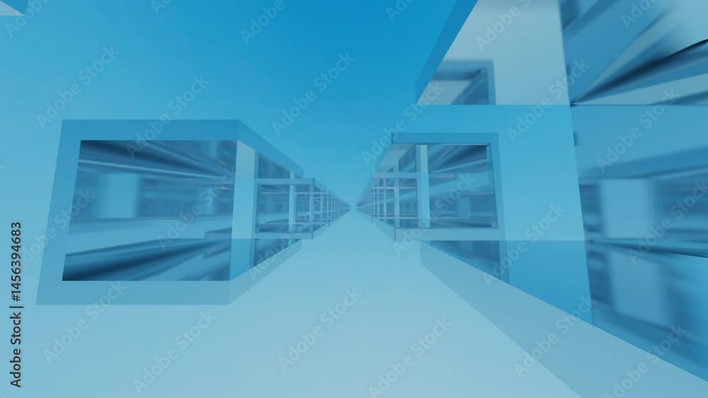 Poster endless forward movement inside abstract light blue tunnel of straight lines. 3d render looped anima