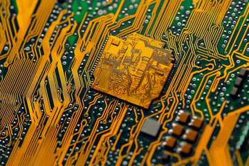Obraz premium Close up of circuit board intricate pathways and components technology gold green