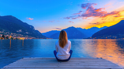 Fototapeta premium Serene woman sitting on dock, gazing at beautiful sunset over lake surrounded by mountains, evoking sense of peace and reflection