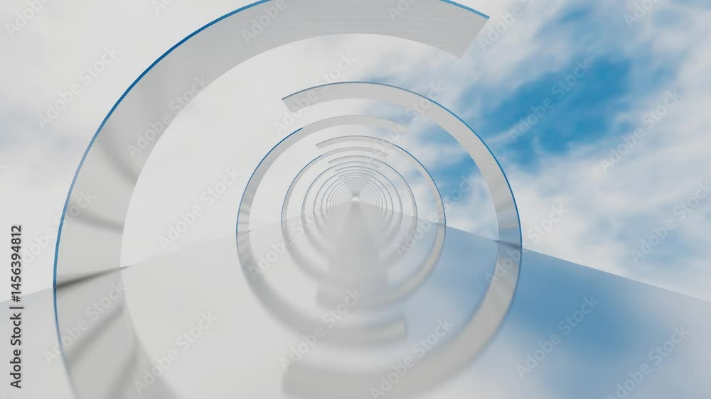 Aufkleber endless forward movement on glossy road inside abstract tunnel of rotating pipe parts against blue s