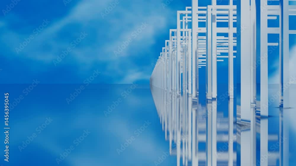 Aufkleber moving forward along an endless tunnel of rectangular geometric structures with reflections of blue 
