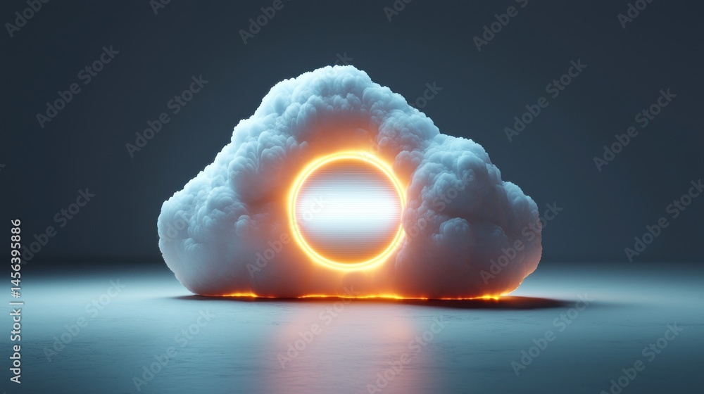 Poster 3d render of a cloud with a luminous portal. futuristic and surreal