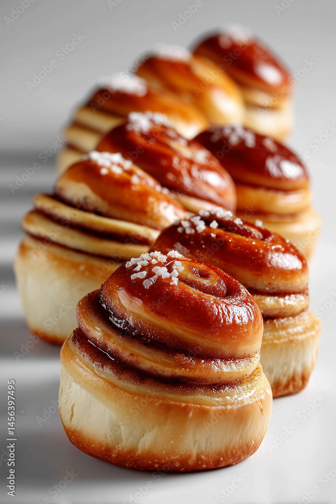 Poster mini cinnamon buns arranged neatly in a minimalist style highlighting their soft texture and sugary 
