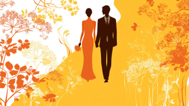bride and groom on wedding day, A vibrant image of a happy couple holding hands, silhouetted against a backdrop of a lush garden filled with colorful flowers and trees.
