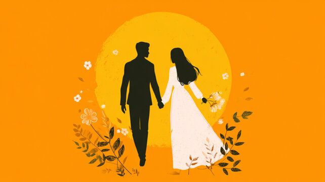 bride and groom on wedding day, A vibrant image of a happy couple holding hands, silhouetted against a backdrop of a lush garden filled with colorful flowers and trees. - Powered by Adobe