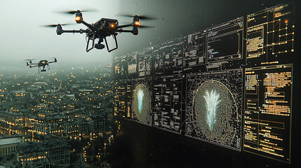 Dramatic aerial shot of two drones flying over a city at night, juxtaposed with futuristic digital data displays.  Ideal for tech, surveillance, or futuristic concepts.  Highquality, cinematic style.