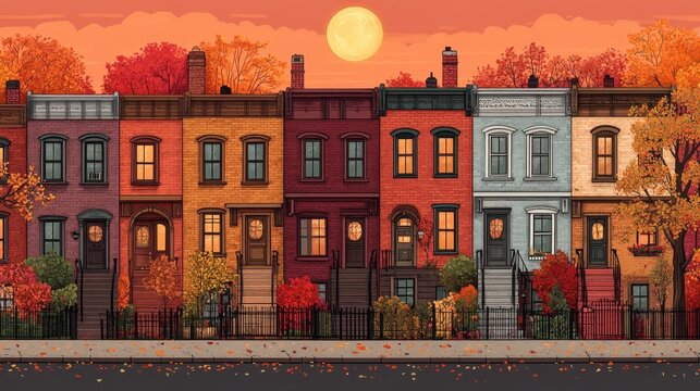 Pixelated urban scenery autumnal row houses with retro 8 bit sty