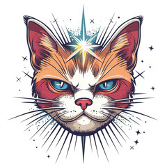 Fototapeta premium Intricate Illustration of Cat Face with Radiant Star and Cosmic Elements Capturing a Unique Blend of Whimsy and Mysticism in Vibrant Colors