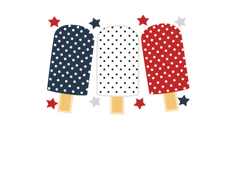 Clip art illustration set against a white background featuring red, white, and blue polka dot popsicles adorned with stars at the bottom, emulating the style of an American flag design. This playful a