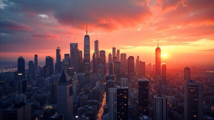 Fototapeta premium Cityscape Sunset: A captivating panorama of a modern cityscape bathed in the golden hues of a breathtaking sunset. The towering skyscrapers stand tall against a dramatic sky.