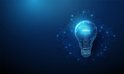 Futuristic light bulb with electronic circuit lines background. Artificial intelligence, smart technology, and innovative concept. Low poly style