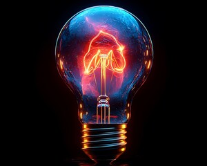 Glowing light bulb against dark background