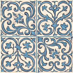 Four off-white tiles with an intricate teal floral and swirling design