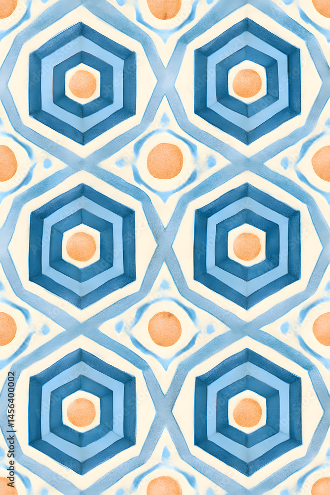 Poster a repeating geometric pattern features interlocking blue hexagons and orange circles in a vibrant wa