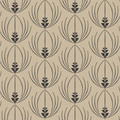 Dark gray pattern of dots on a beige background. Flowers of dots and petals collected in a geometric ornament. Vector seamless pattern.