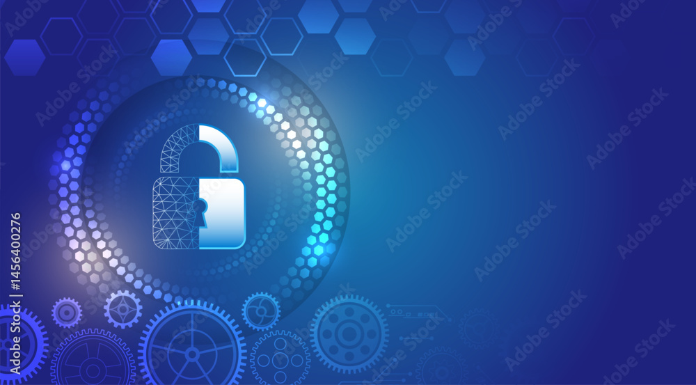 Poster Cyber ​​security and data protection concept with glowing lock icon, hexagonal patterns and gears on blue technology background. Network security illustration.