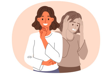 Outwardly happy woman hides bad emotions and smiles, trying not to bother others with problems. Business lady experiencing depressed emotions demonstrates calmness thanks to self-confidence.