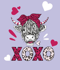 Kawaii style vector illustration of a Valentine's Day graphic featuring a cute highland cow adorned with a bow on its head. The text "My one and only" is surrounded by heart shapes, while the large bl