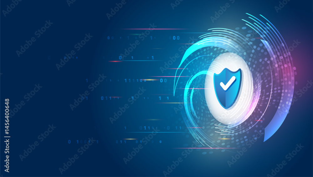 Aufkleber A futuristic cybersecurity concept featuring a glowing shield with round digital elements and binary code. This technology background represents data protection, system security and digital privacy.