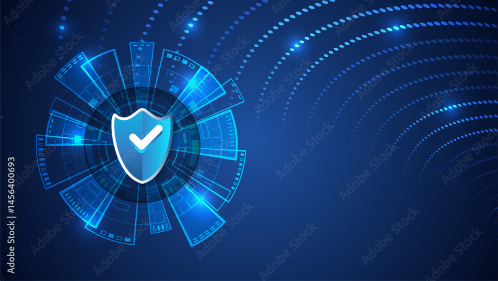 Poster Cyber ​​security concept background with shield on glowing digital interface. Abstract blue design representing data protection, secure technology and online security systems.