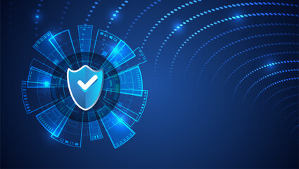 Cyber ​​security concept background with shield on glowing digital interface. Abstract blue design representing data protection, secure technology and online security systems.