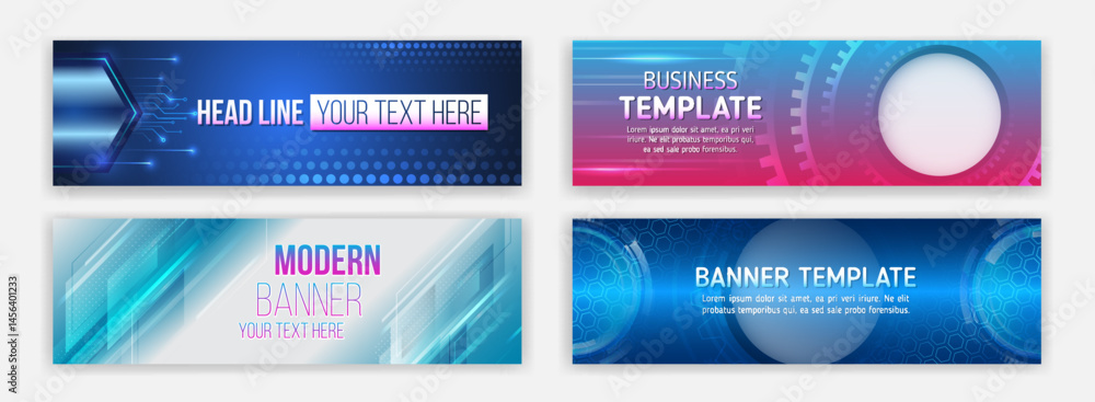 Aufkleber Set of modern abstract technology banner templates with futuristic digital design elements, diagrams, hexagons, gears. Ideal for technology promotions, digital marketing and innovative concepts.
