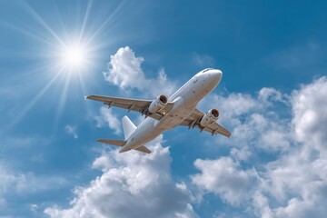 Airplane Flying Through the Sky with Sun and Clouds