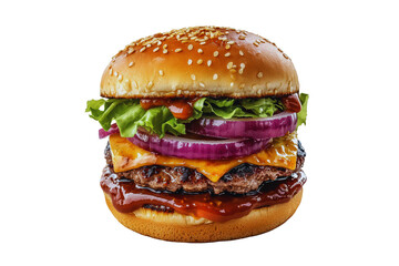 Juicy Cheeseburger with Sesame Bun Lettuce Red Onion and BBQ Sauce Delicious Fast Food Meal