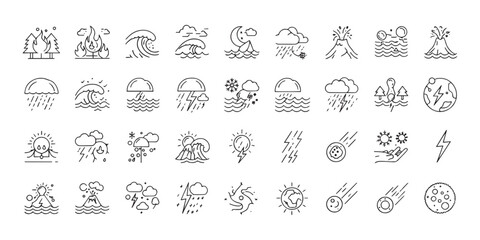 Diverse Weather Condition Line Icons Collection Outline Style Vector	