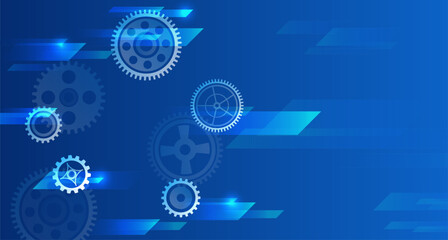 Abstract technology background with gears and mechanical elements on a blue gradient background. This futuristic design symbolizes automation, innovation, engineering and industrial technology.