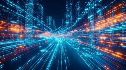 Digital network city with light trails symbolizing futuristic data stream