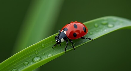 Ladybug resting on a vibrant green blade of grass amidst glistening water droplets