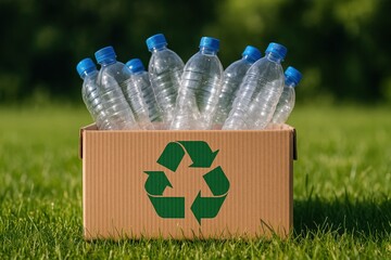 Cardboard Recycling Box Overflowing with Empty Plastic Bottles Sitting on Lush Green Grass, representing Environmental Awareness and Sustainable Living