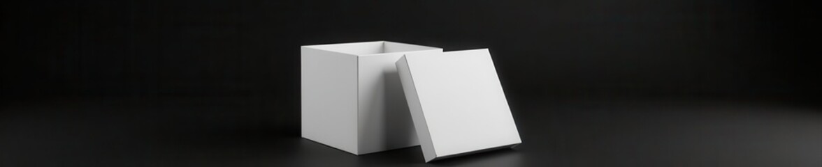Naklejka premium Modern white square gift box mockup, open and closed state Isolated black background , retail, paper box, clean