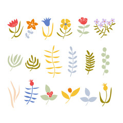 Colorful abstract botanical flower set isolated. Hand-drawn vector illustration in flat style.