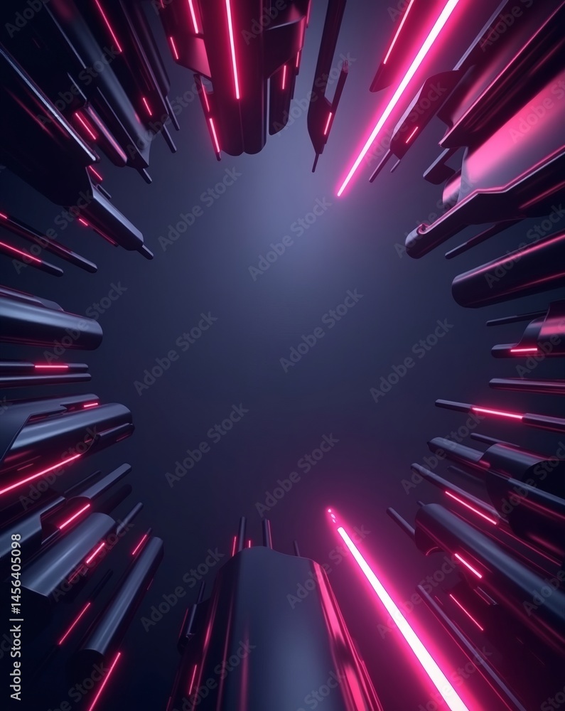Poster abstract, geometric, and futuristic background, featuring a circle of glowing red lines and a dark, 
